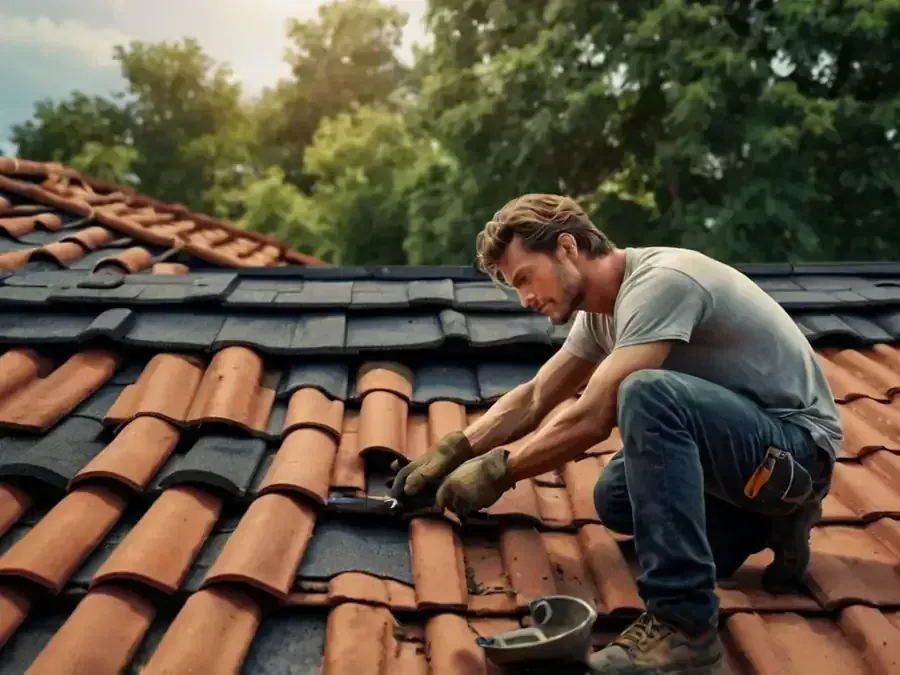 Hombre reparando techo de tejas, con guantes de trabajo, arrodillado al aire libre.