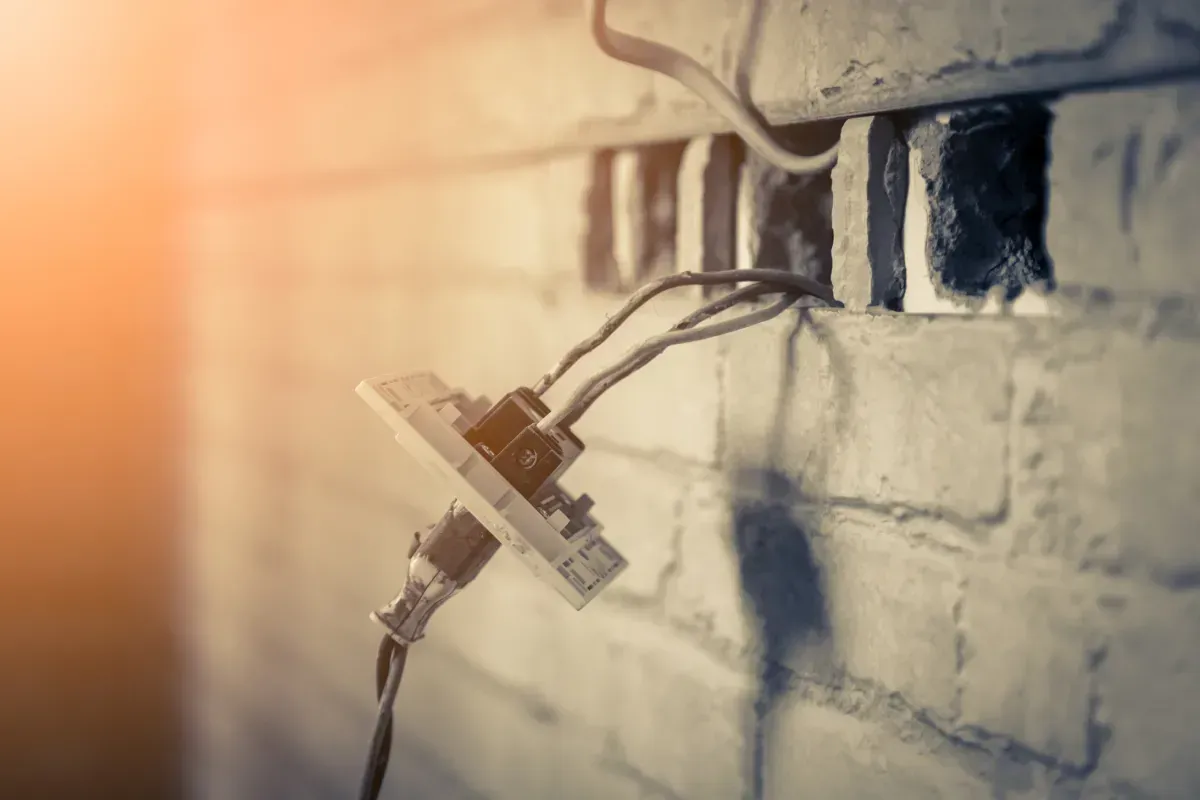 Toma de corriente eléctrica dañada con cables expuestos en una pared de ladrillos, cables parcialmente arrancados.