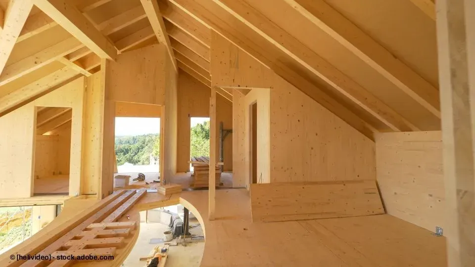 Ein unfertiger Innenraum mit Holzwänden, freiliegenden Dachsparren und Blick auf Bäume durch eine Türöffnung.