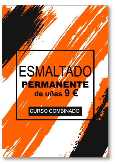 Anuncio naranja y negro de esmalte de uñas permanente por 9€, curso combinado.