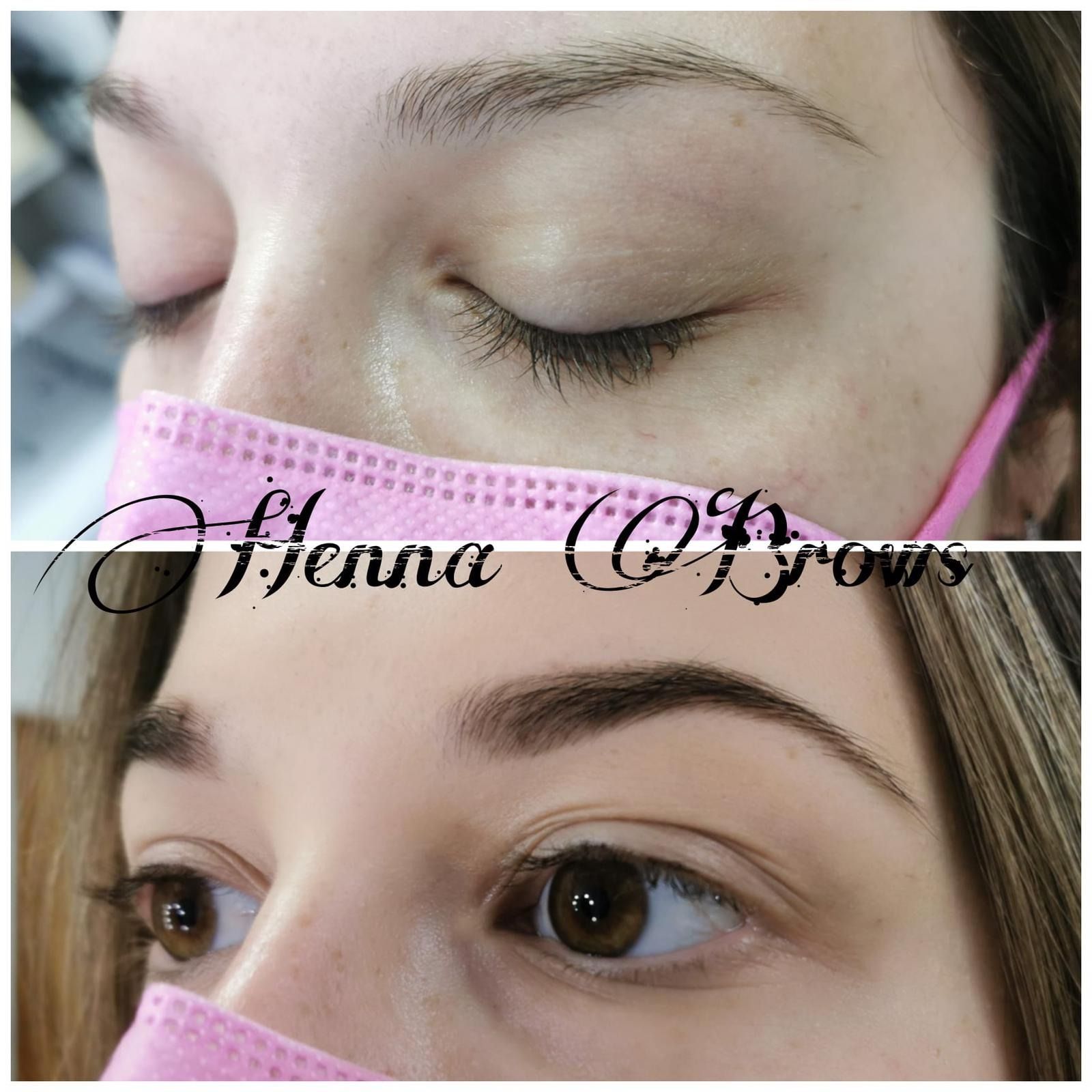 Antes y después del aumento de cejas; ojos de mujer. Arriba: cejas claras. Abajo: cejas más oscuras y definidas. Máscara rosa.