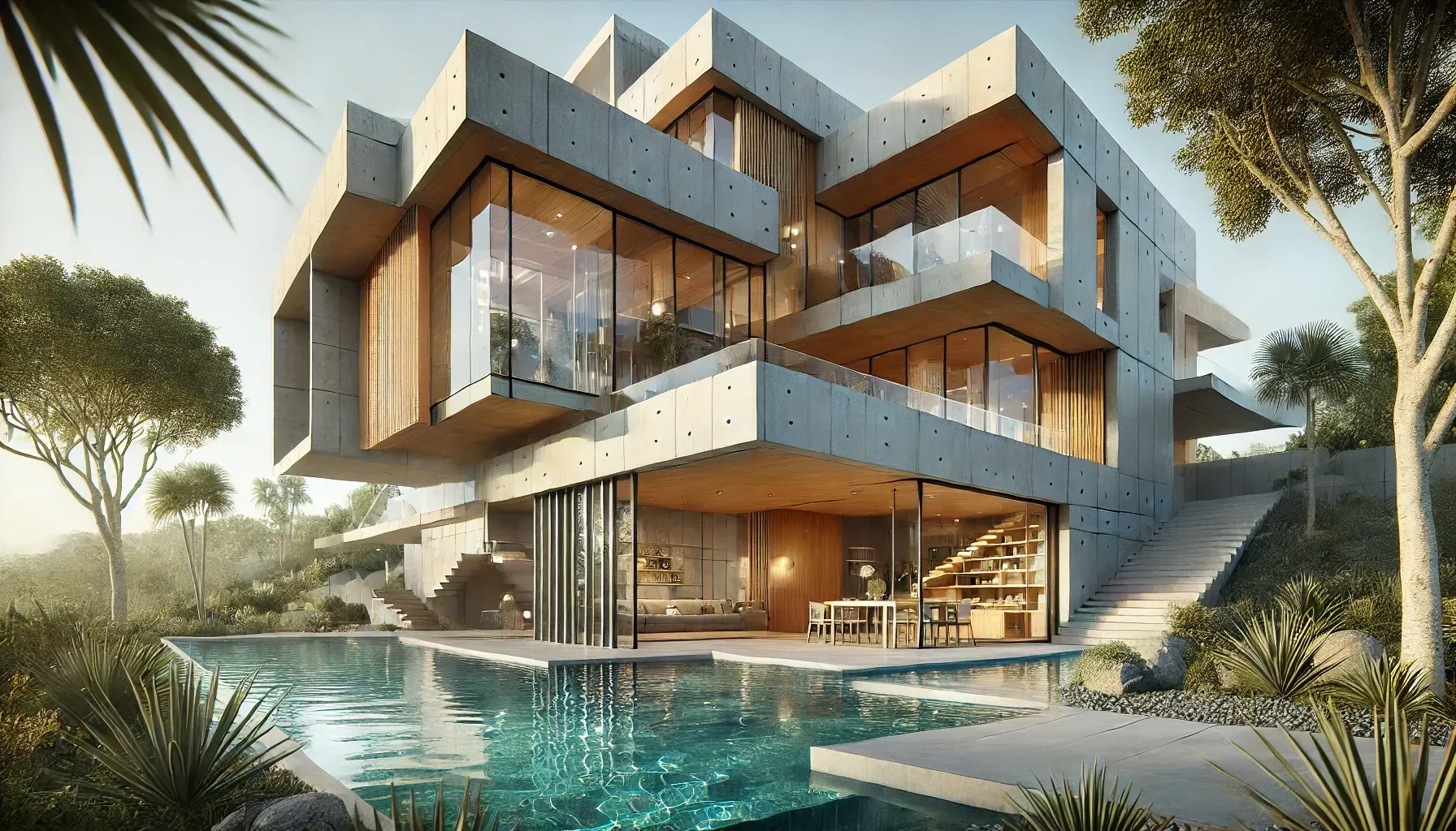 Una casa moderna con piscina delante de ella.