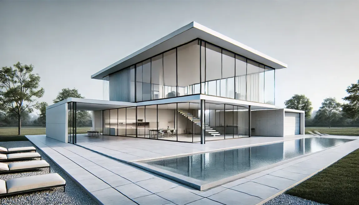 Una casa moderna con piscina en frente.