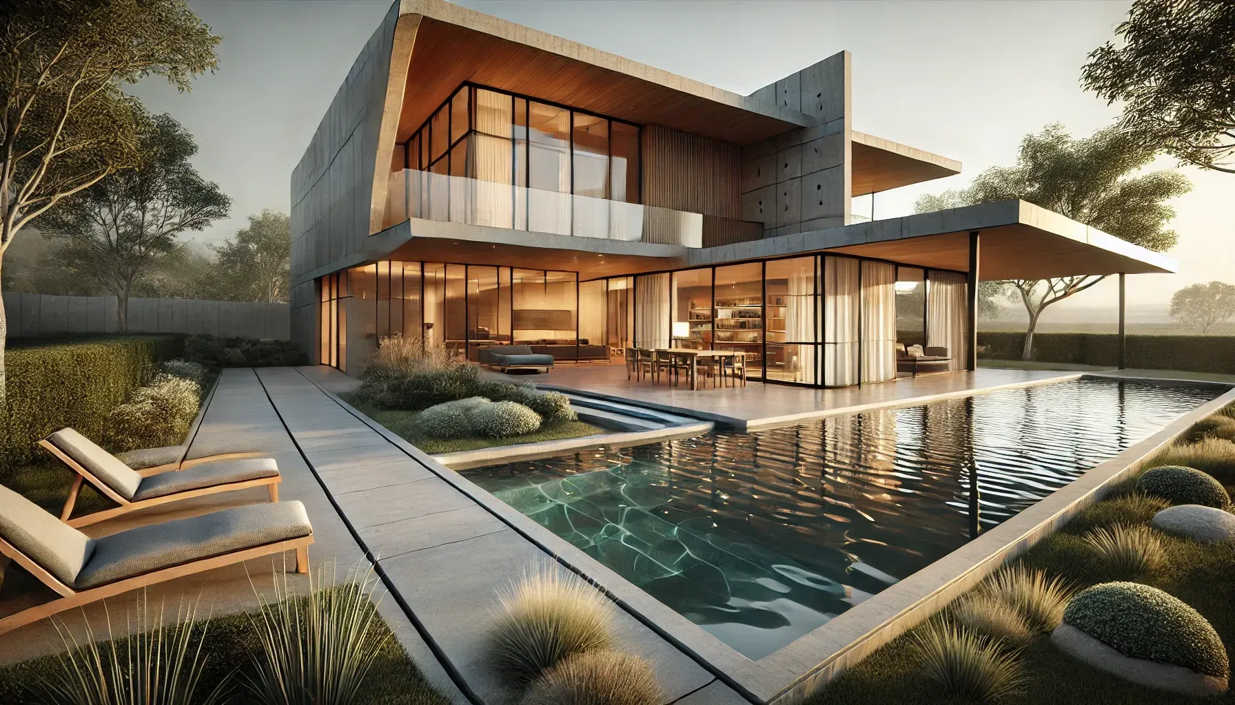 Una casa moderna con piscina en el patio trasero.