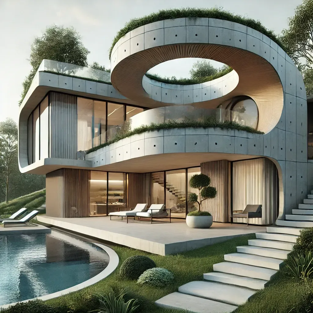 Una casa moderna con piscina y escaleras que conducen a ella.