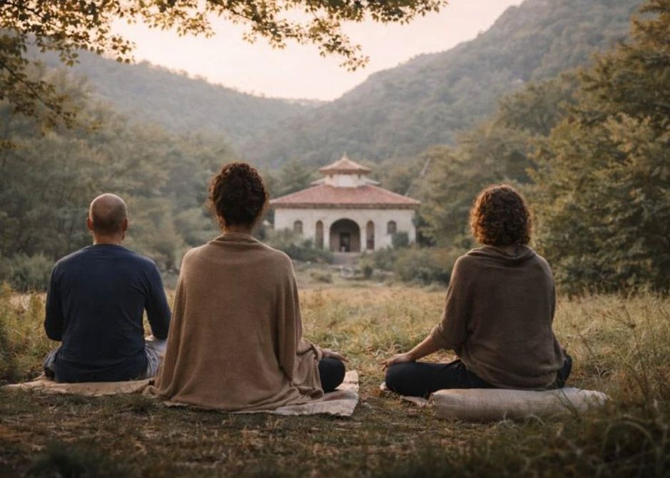 Tres personas meditando al aire libre, frente a un edificio en un valle, entorno tranquilo.