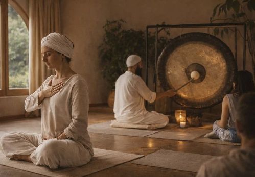 Personas en una habitación durante una sesión de baño de sonido. Una persona toca un gran gong; otros meditan. Iluminación tenue.