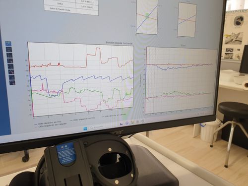 Monitor grande que muestra gráficos; dispositivo negro en primer plano.
