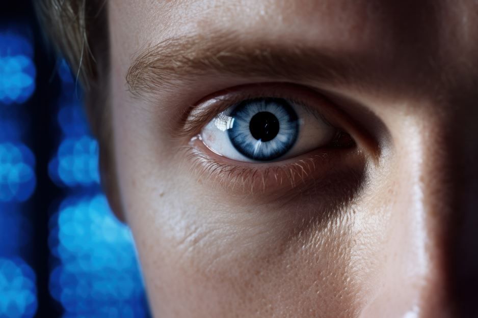 Primer plano de un ojo azul, con la luz reflejándose en la pupila, sobre un fondo azul desenfocado.
