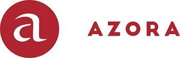 Logotipo de Azora con un icono circular rojo y texto rojo en mayúsculas sobre un fondo blanco.