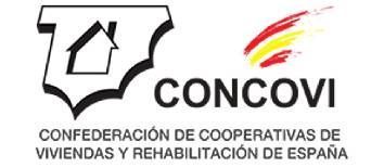 CONCOVI logo with black house outline and red-yellow swoosh; Spanish text “Confederación de Cooperativas de Viviendas y Rehabilitación de España”