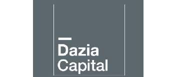 Logotipo de Dazia Capital en blanco sobre fondo gris oscuro con finas líneas verticales.