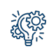 Icono azul de una cabeza con engranajes y una bombilla, dibujado con líneas, que representa ideas y resolución de problemas.