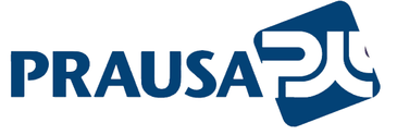 Logotipo de PRAUSA en azul con un emblema estilizado en blanco y azul.