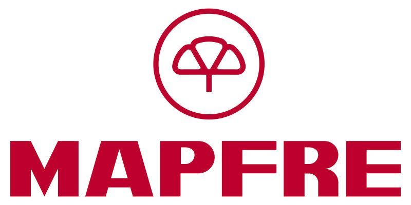 Logotipo de MAPFRE en rojo con un emblema circular sobre la marca denominativa.