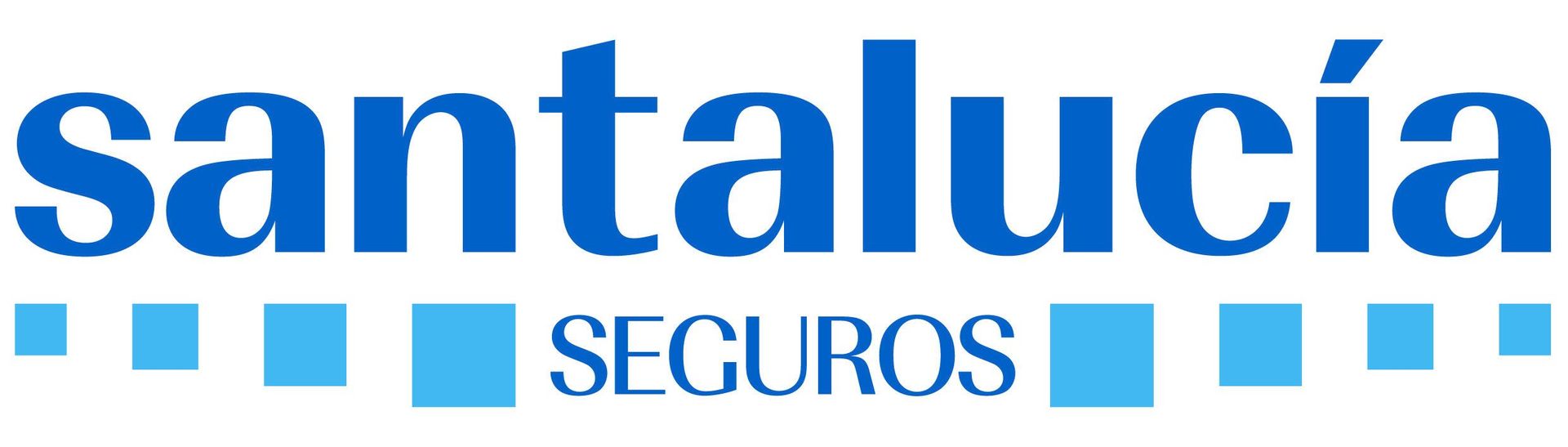 Logotipo de Santalúcia Seguros en azul con cuadrados azul claro sobre fondo blanco.