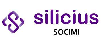 Logotipo de Silicius SOCIMI en morado y negro con icono abstracto enlazado