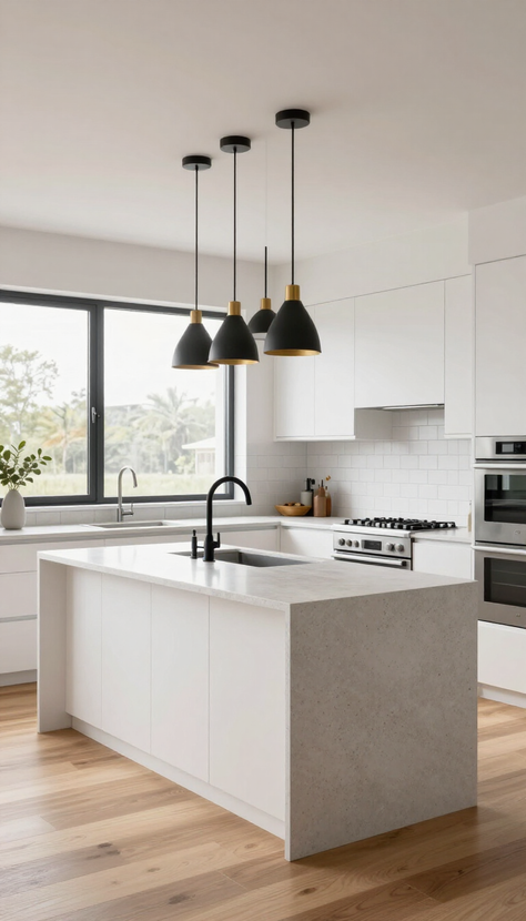 Cocina moderna blanca con horno empotrado, microondas y armarios. Suelo de madera clara y ventana a la derecha.