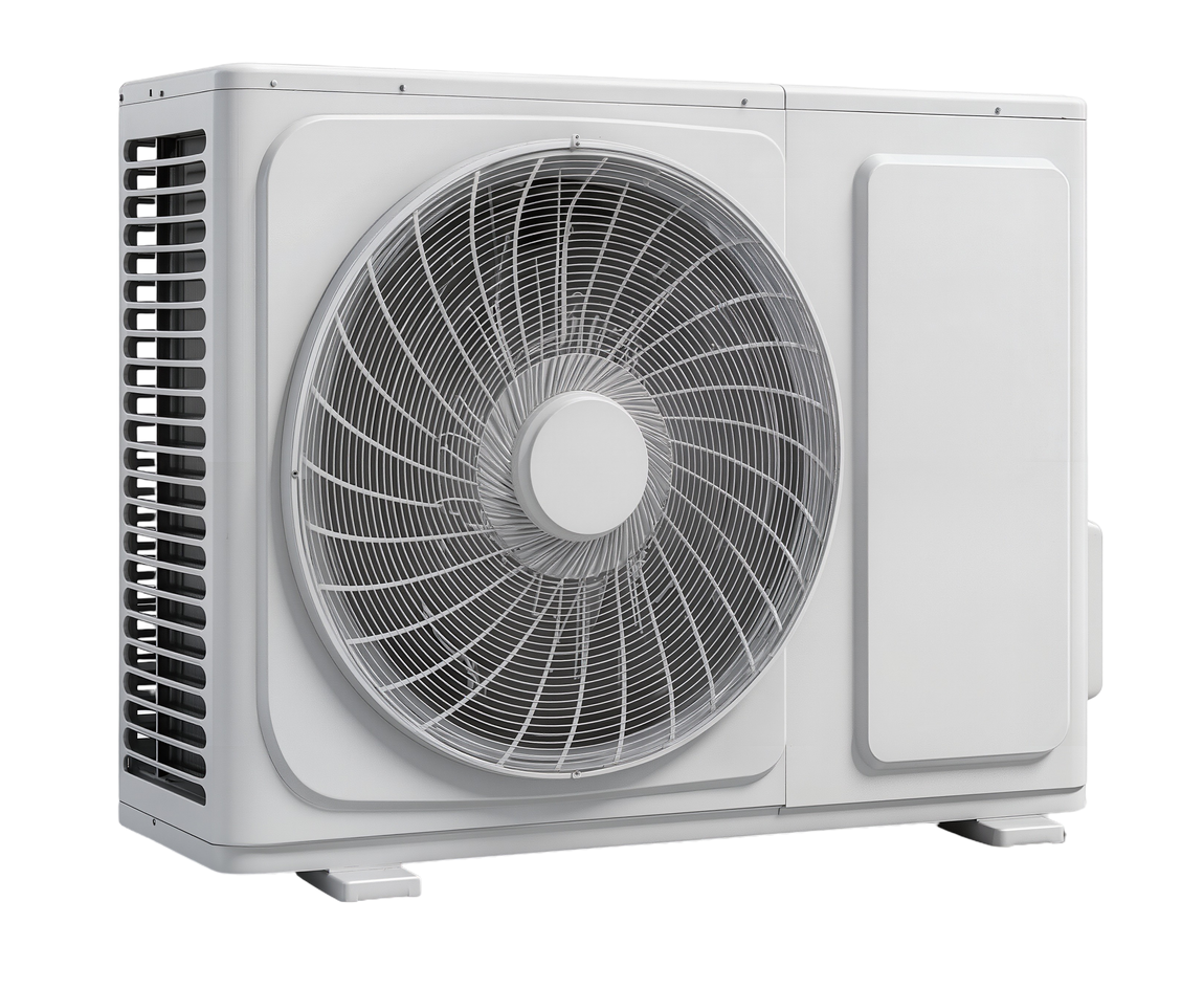 Unité de climatisation extérieure blanche avec un grand ventilateur frontal