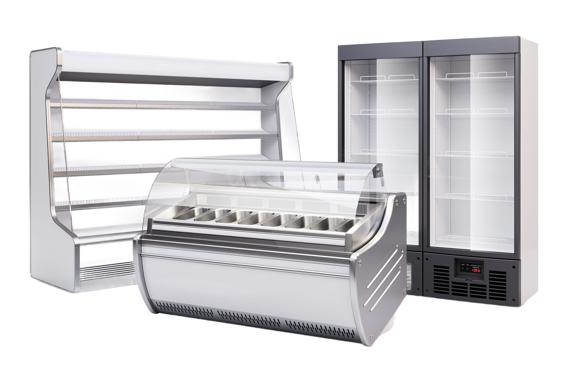 Vitrines réfrigérées commerciales en acier inoxydable, comprenant une vitrine à charcuterie et une grande chambre froide.