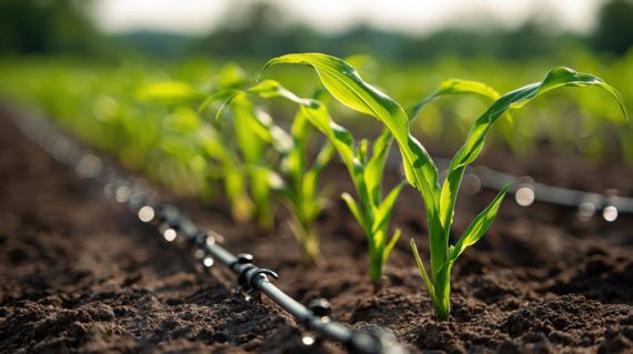 Jeunes plants verts cultivés dans un sol sombre avec irrigation goutte à goutte dans un champ ensoleillé
