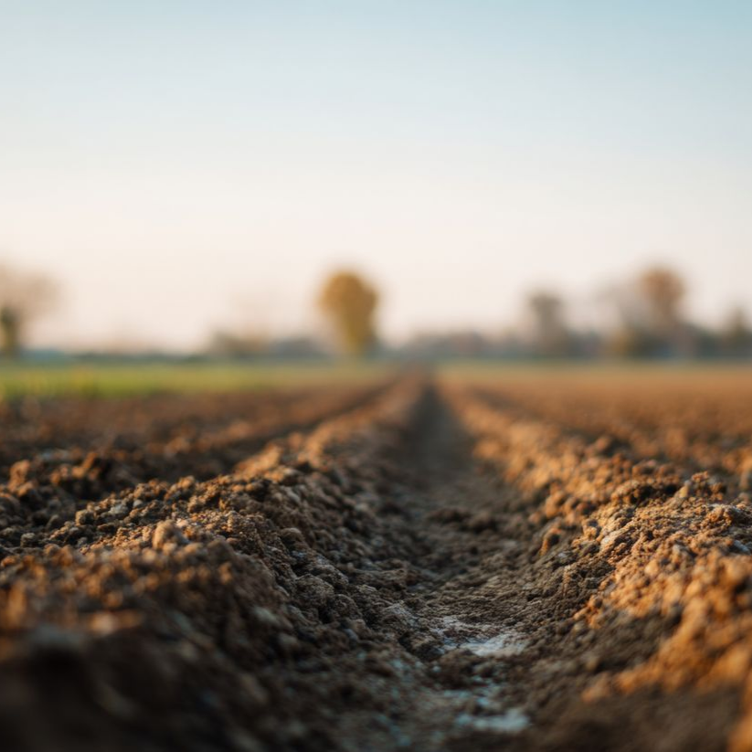 Gros plan sur des rangs de terre fraîchement labourés dans un champ agricole flou au lever du soleil