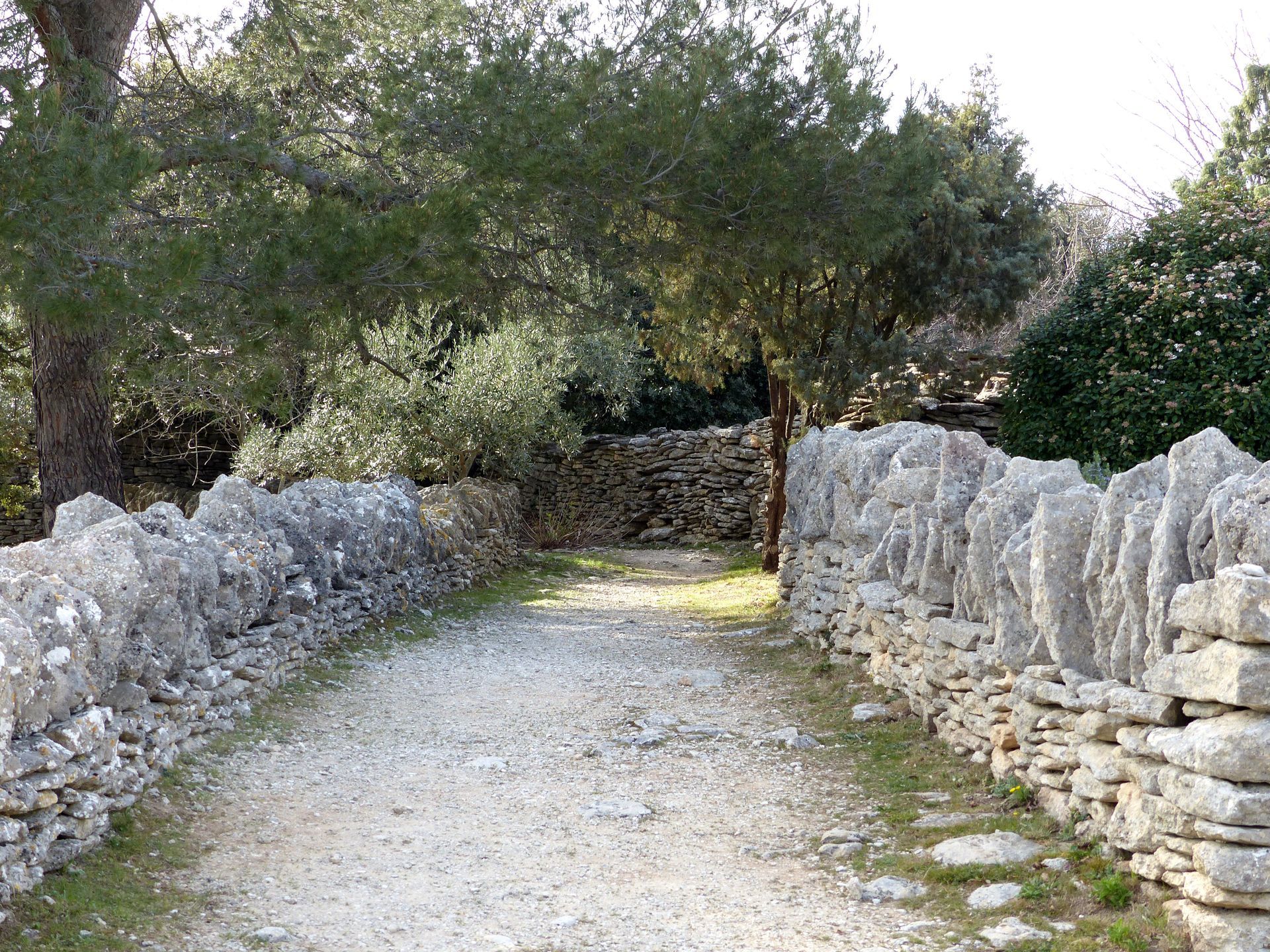 Étroit chemin de gravier entre des murets de pierres sèches, sous des arbres feuillus, par une journée ensoleillée.
