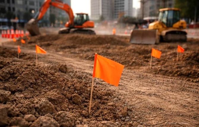Baustelle mit orangefarbenen Vermessungsfähnchen, Erdhügeln und Baggern im Hintergrund