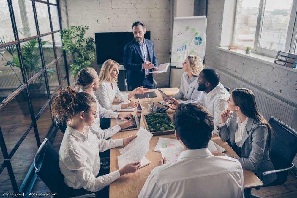 Teambesprechung in einem hellen Büro, bei der ein Referent zu seinen Kollegen an einem Konferenztisch spricht.