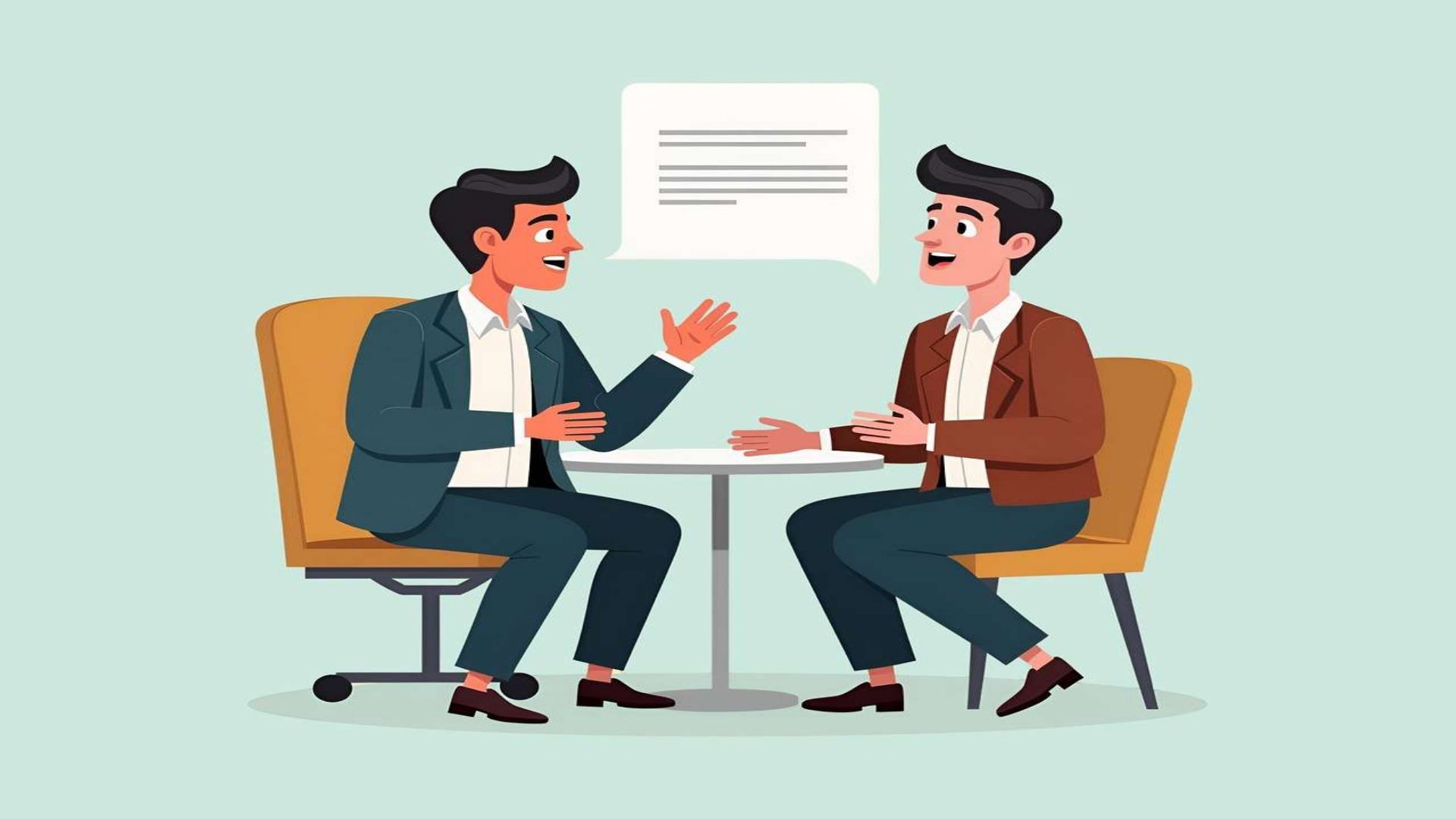 Deux personnes en costume assises de part et d'autre d'un bureau lors d'une réunion de discussion, un document se trouvant entre elles.