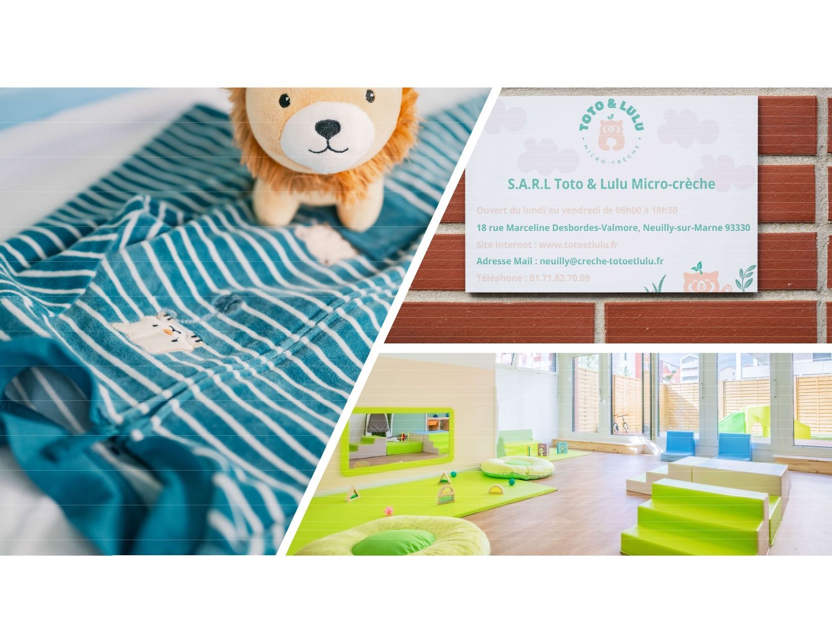 Couverture à rayures turquoise, lion en peluche, panneau de garderie et agencement de sièges de classe vert vif
