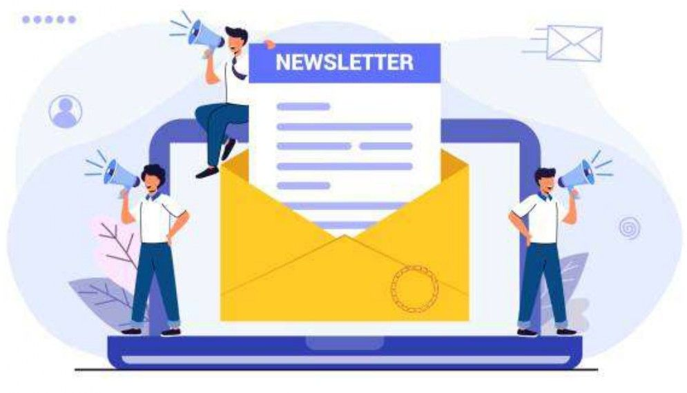 Enveloppe de newsletter illustrée avec des personnes autour et un document intitulé « NEWSLETTER » sur un écran d'ordinateur portable