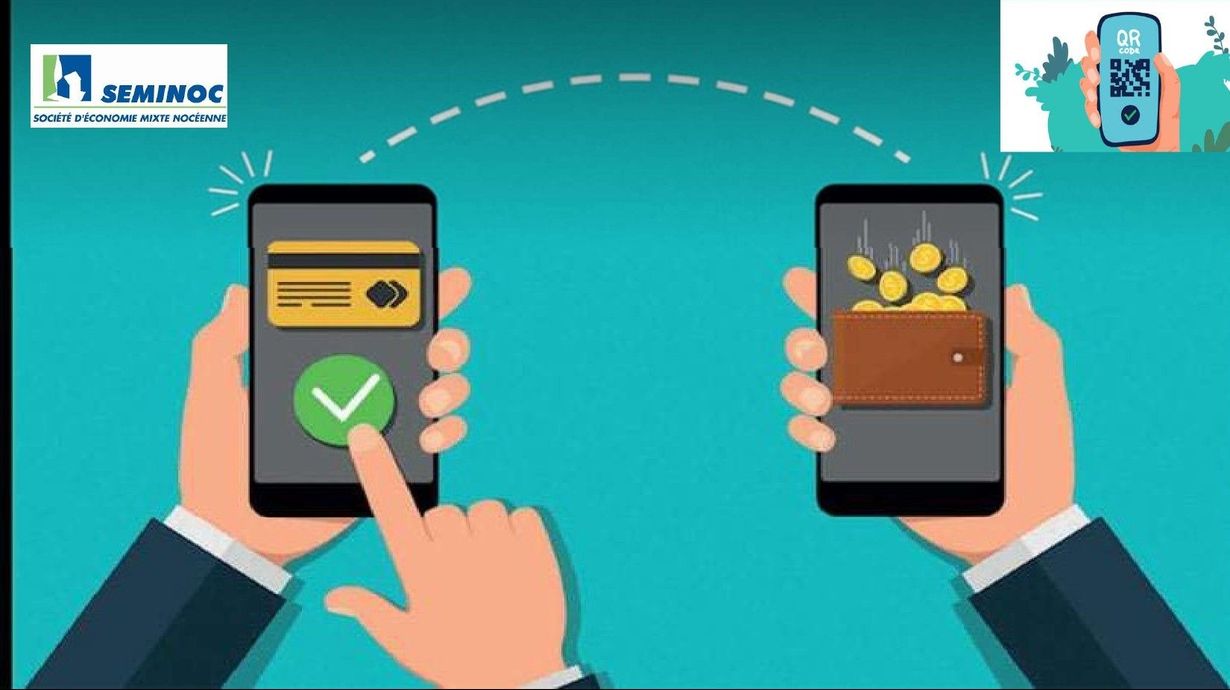 Deux mains échangeant de l'argent numériquement entre smartphones, avec des icônes de coche et de pièce de monnaie sur un fond turquoise.