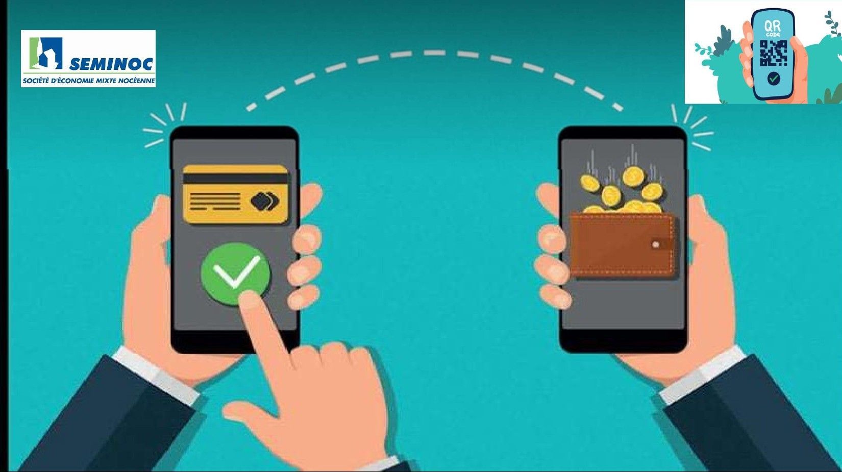 Deux mains échangeant de l'argent numériquement entre smartphones, avec des icônes de coche et de pièce de monnaie sur un fond turquoise.