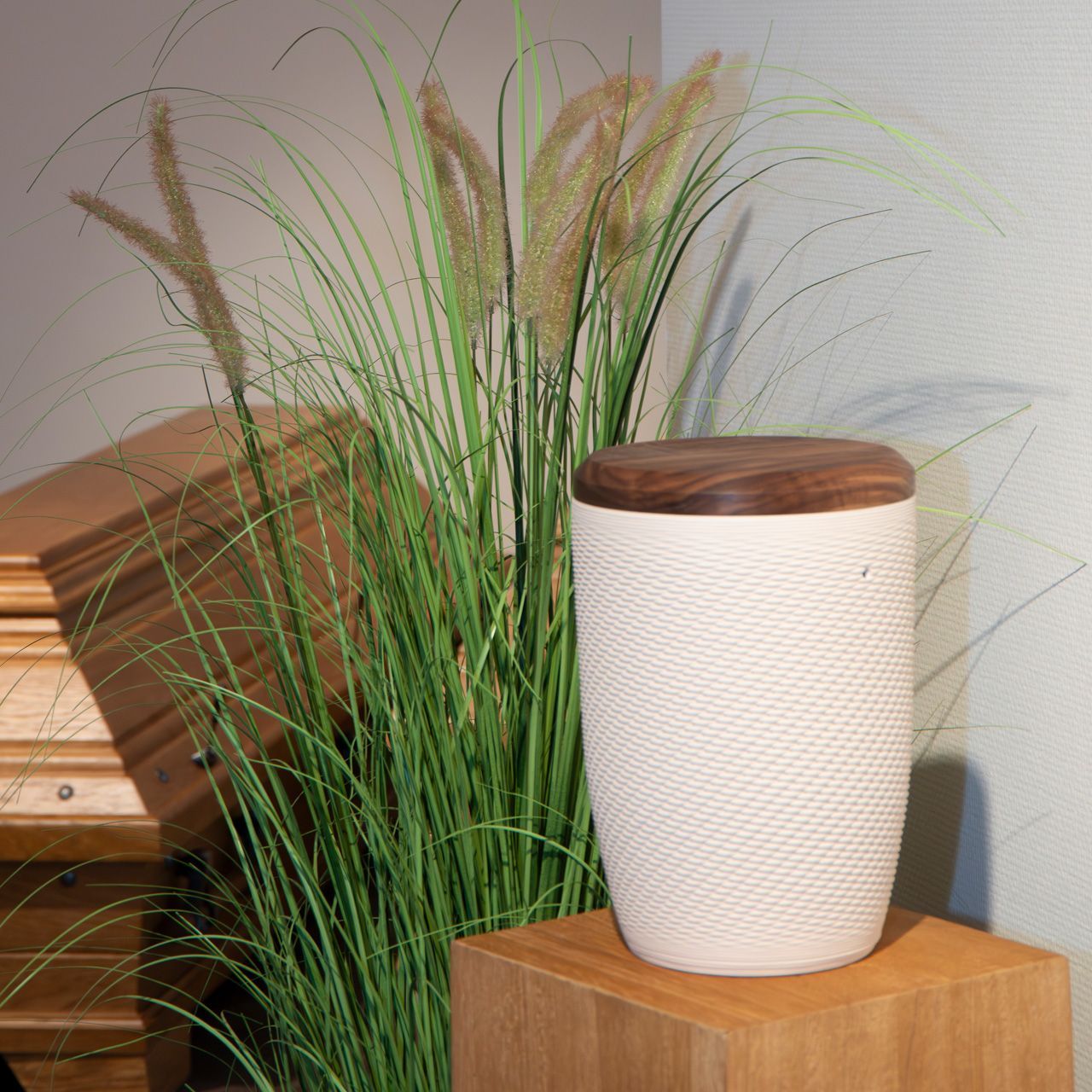 Urne mit Sarg im Hintergrund