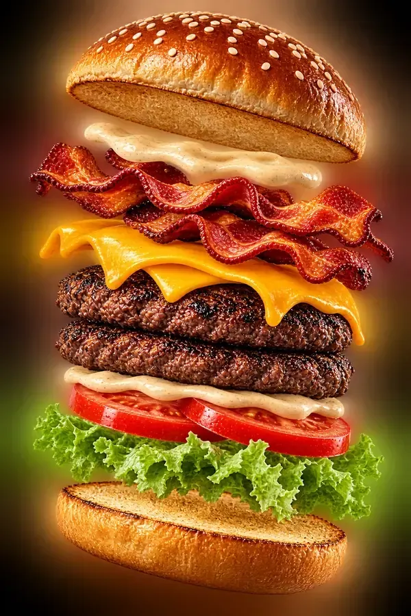Hamburguesa con queso y beicon de gran tamaño, con lechuga, tomate, queso y pan con sésamo tostado, sobre un fondo oscuro