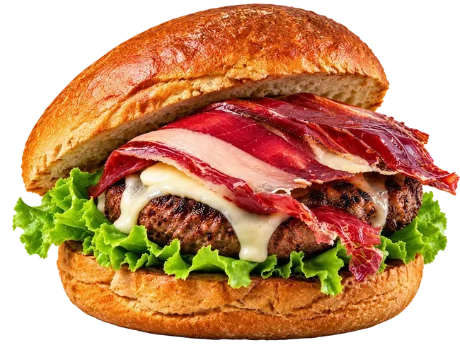 Hamburguesa con queso a la parrilla con lechuga, queso fundido y beicon en un panecillo
