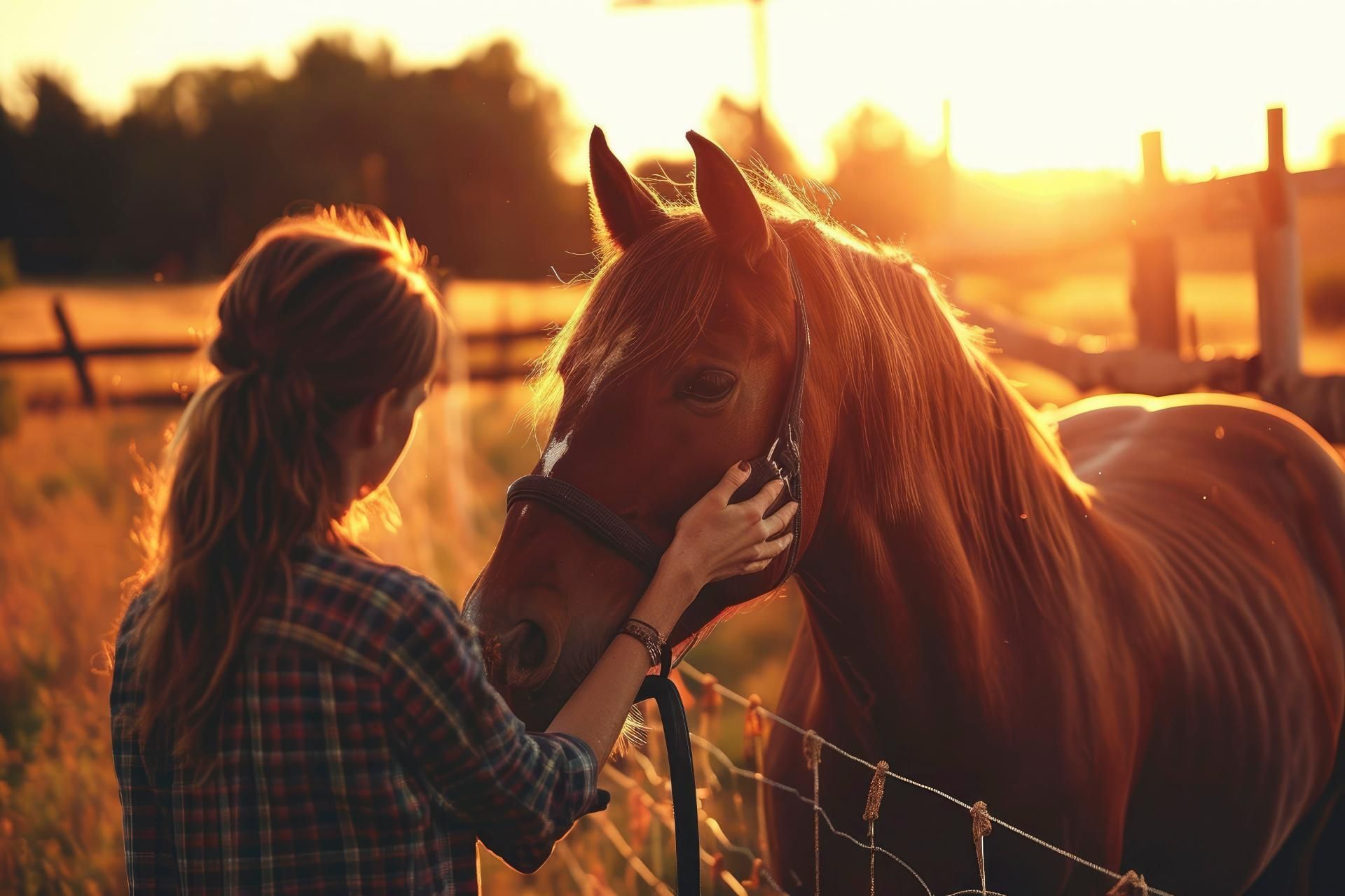 Gesundes Pferd Andrea Möri - Frau streichelt Pferd an einem Zaun bei Sonnenuntergang