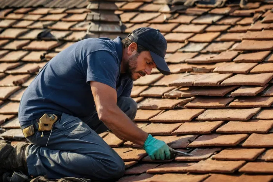 Hombre con camisa y gorra azules, reparando tejas de barro en un tejado, utilizando herramientas.