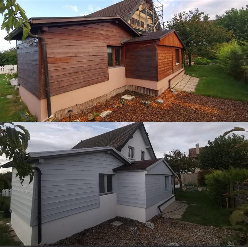 Une photo avant et après d'une maison avec bardage en bois