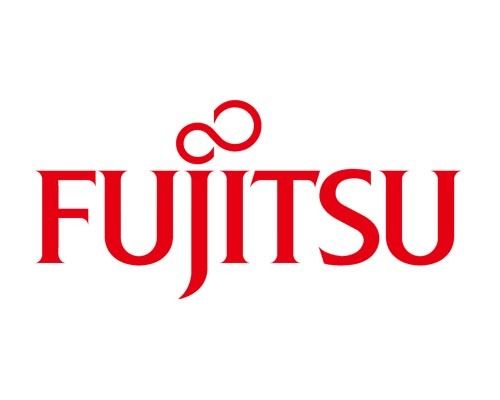 El logotipo de Fujitsu es rojo y blanco sobre un fondo blanco.