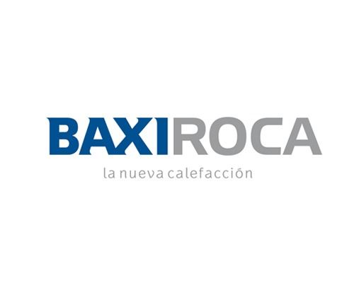 A blue and gray logo for baxiroca la nueva calefaccion on a white background.