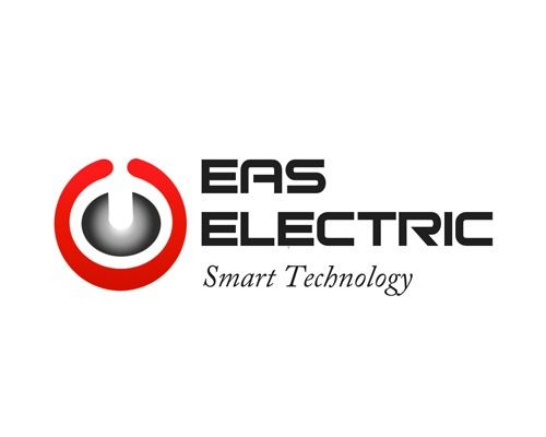 Un logotipo para la tecnología inteligente eléctrica EAS con un botón de encendido rojo.