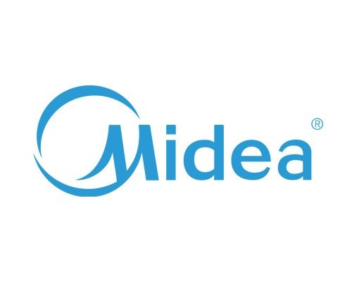 El logotipo de midea es azul y blanco sobre un fondo blanco.