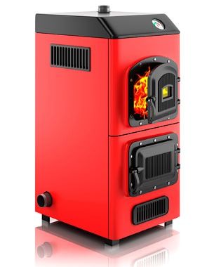 Una estufa de leña roja con llamas saliendo de la puerta sobre un fondo blanco.