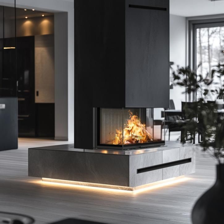 Salon moderne avec une cheminée en verre noir intégrée à un mur d’accent gris foncé minimaliste