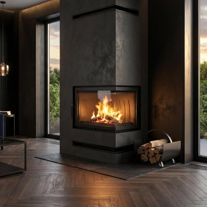 Salon moderne avec une cheminée d’angle allumée, des murs sombres, un parquet et du bois de chauffage empilé à proximité