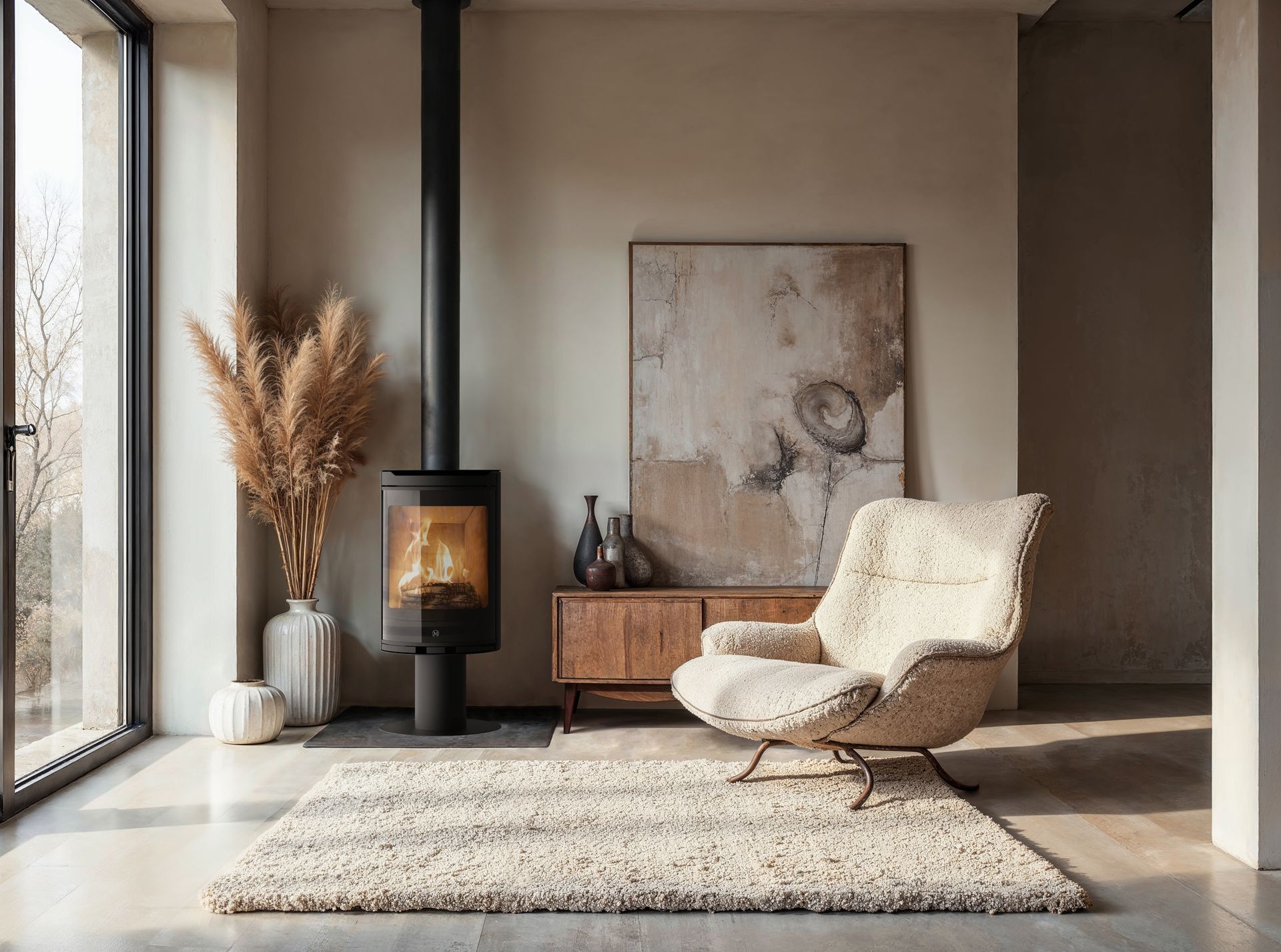 Salon minimaliste avec un fauteuil lounge, une cheminée, une grande œuvre d’art et une décoration végétale séchée près d’une fenêtre