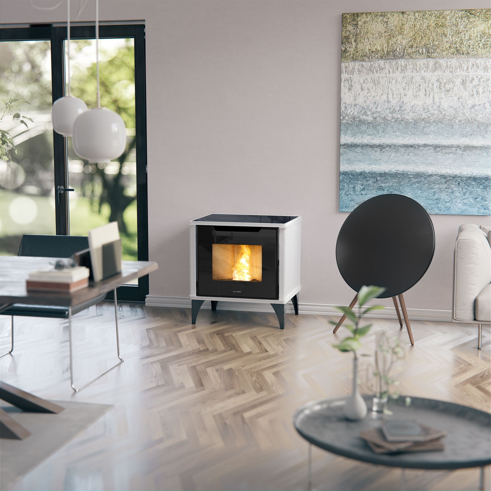 Salon moderne avec une cheminée allumée, un parquet en chevrons, une décoration minimaliste, une grande fenêtre et une œuvre d’art abstraite