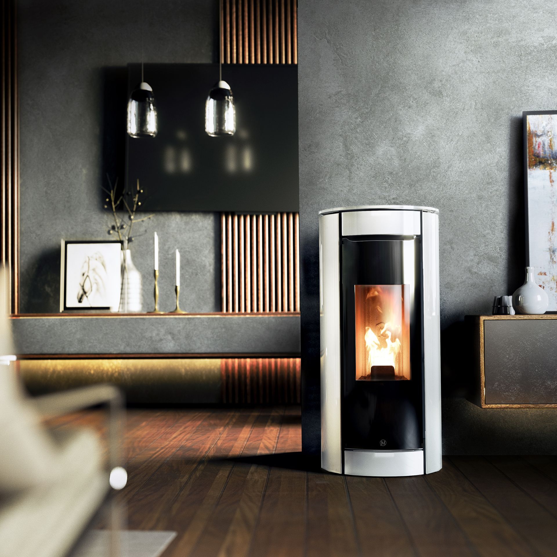 Salon moderne avec une élégante cheminée noire, des touches de bois et un éclairage chaleureux sur des murs sombres.